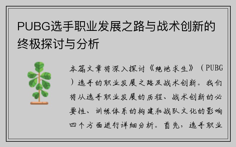 PUBG选手职业发展之路与战术创新的终极探讨与分析